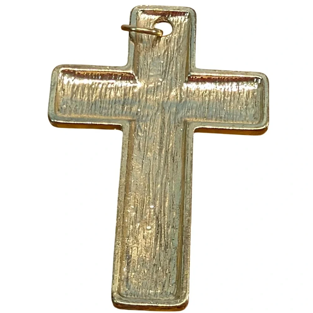 Vintage Cross Pendant Cream Gold‎ Tone Trim Enamel Religious Christian Jewelry